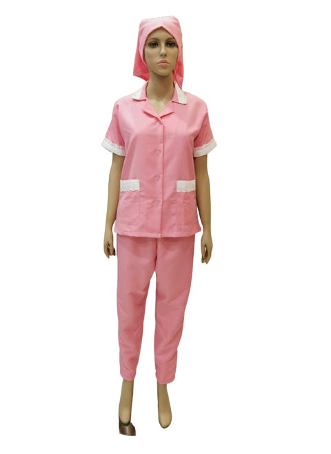 Maid Uniform with Buttons Top and Pants Pink Domestic Helper Uniform