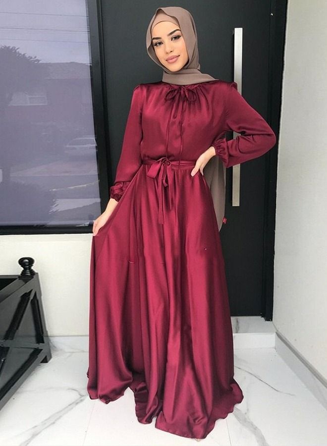 Loquat Women's Elegant Full Length Satin Dress Women's Solid Color Long Sleeves Tunic Dress Wine Red 