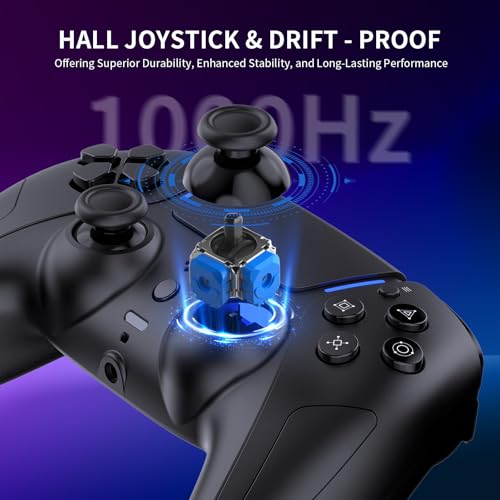 JDDWIN جهاز تحكم ألعاب لاسلكي LED من JDDWIN لجهاز PS5/PC/Android/IOS/MAC/Steam Deck، عصا تحكم بتأثير هول، بلوتوث، مقبس صوت 3.5 مم، اهتزاز مزدوج، وحدة تحكم بحركة 6 محاور مع مكبر صوت (أسود) - Image 5