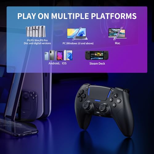 JDDWIN جهاز تحكم ألعاب لاسلكي LED من JDDWIN لجهاز PS5/PC/Android/IOS/MAC/Steam Deck، عصا تحكم بتأثير هول، بلوتوث، مقبس صوت 3.5 مم، اهتزاز مزدوج، وحدة تحكم بحركة 6 محاور مع مكبر صوت (أسود) - Image 3