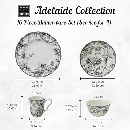 222 Fifth Adelaide 16-Piece Black Porcelain Dinnerware Set – Service for 4, Featuring Hand-Applied Romantic Woodland Bird Design, Everyday Big Dinner Plates and Bowls Sets, Microwave & Dishwasher Safe - Image 2
