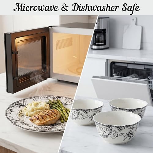 222 Fifth Adelaide 16-Piece Black Porcelain Dinnerware Set – Service for 4, Featuring Hand-Applied Romantic Woodland Bird Design, Everyday Big Dinner Plates and Bowls Sets, Microwave & Dishwasher Safe - Image 4