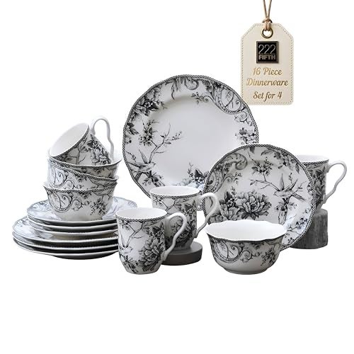 222 Fifth Adelaide 16-Piece Black Porcelain Dinnerware Set – Service for 4, Featuring Hand-Applied Romantic Woodland Bird Design, Everyday Big Dinner Plates and Bowls Sets, Microwave & Dishwasher Safe - Image 1