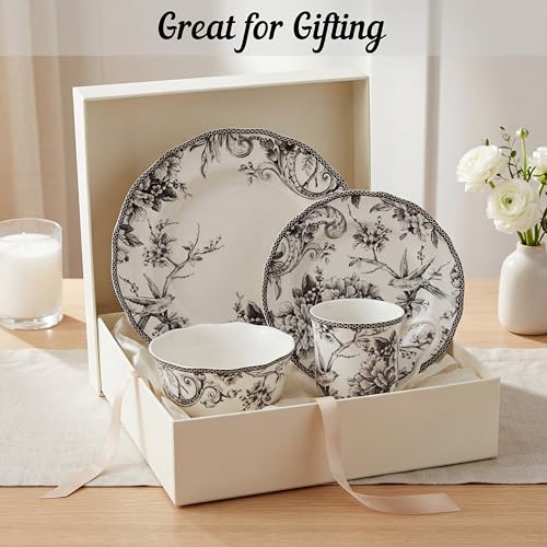 222 Fifth Adelaide 16-Piece Black Porcelain Dinnerware Set – Service for 4, Featuring Hand-Applied Romantic Woodland Bird Design, Everyday Big Dinner Plates and Bowls Sets, Microwave & Dishwasher Safe - Image 5