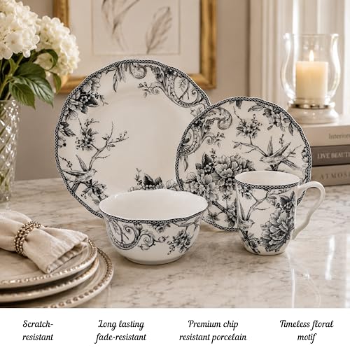 222 Fifth Adelaide 16-Piece Black Porcelain Dinnerware Set – Service for 4, Featuring Hand-Applied Romantic Woodland Bird Design, Everyday Big Dinner Plates and Bowls Sets, Microwave & Dishwasher Safe - Image 3