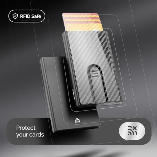 ÖGON -DESIGNS- Carbon fiber automatic card holder, RFID Protection, The original minimalist slim wallet for men and women, Up to 6 cards, Slider model - Image 2