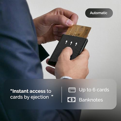 ÖGON -DESIGNS- Carbon fiber automatic card holder, RFID Protection, The original minimalist slim wallet for men and women, Up to 6 cards, Slider model - Image 3