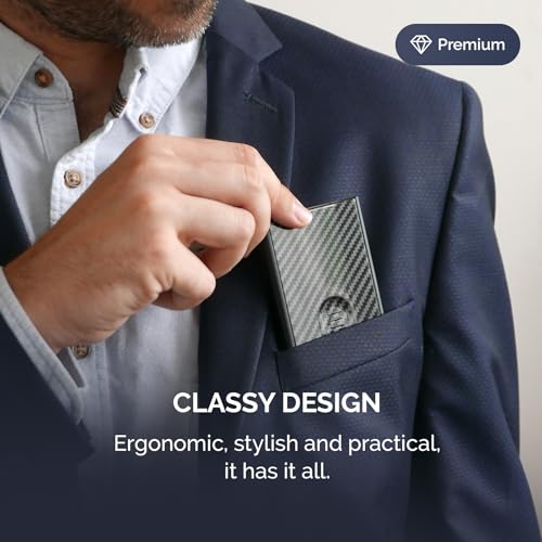 ÖGON -DESIGNS- Carbon fiber automatic card holder, RFID Protection, The original minimalist slim wallet for men and women, Up to 6 cards, Slider model - Image 5
