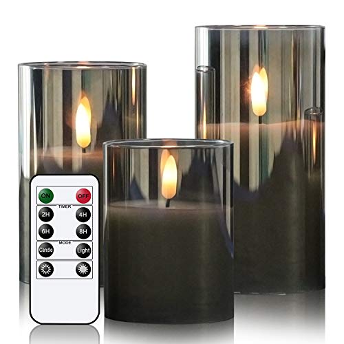GenSwin Glass Flameless Candles with Remote Battery Operated Flickering LED Pillar Candles Real Wax 3D Wick for Wedding Festival Home Decoration(Gray,Pack of 3) - Image 1
