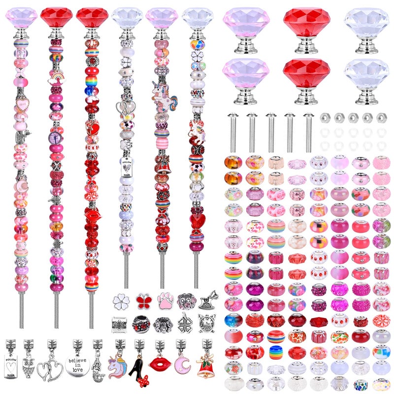 AIPRIDY Diy Fairy Wand Garden Beads Stakes Wands Kit Multiple Color Scheme European Beads Crystal Diamond Tops And 12 Or 10 Inch Threaded Rods Stainless Steel Stakes With Diamond Toppe(Pink+Rose+Red+White) - Image 1