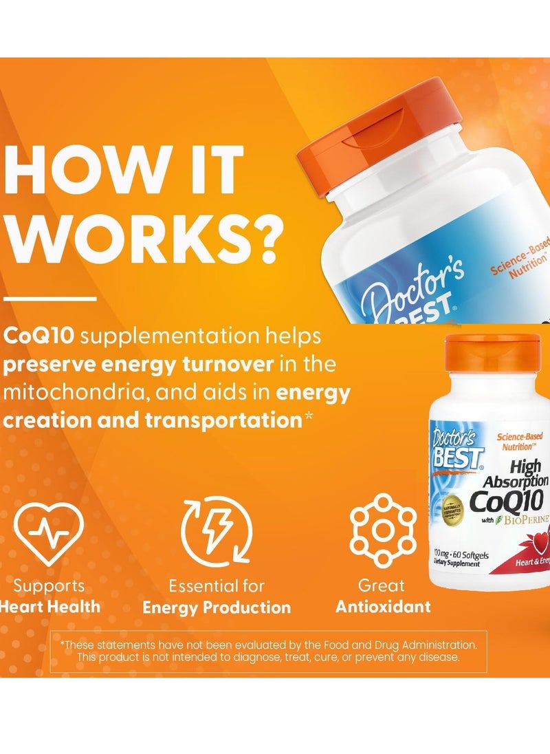 High Absorption Coq10 With Bioperine to Support Heart Health 60 Softgels Veggie Capsules 100 mg