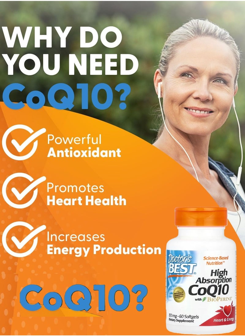 High Absorption Coq10 With Bioperine to Support Heart Health 60 Softgels Veggie Capsules 100 mg