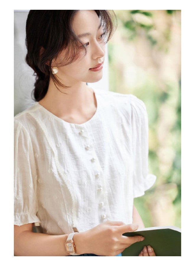 Tucano Summer Round Neck Short Sleeve Pleated Jacquard Solid Color Top For Women - Image 1