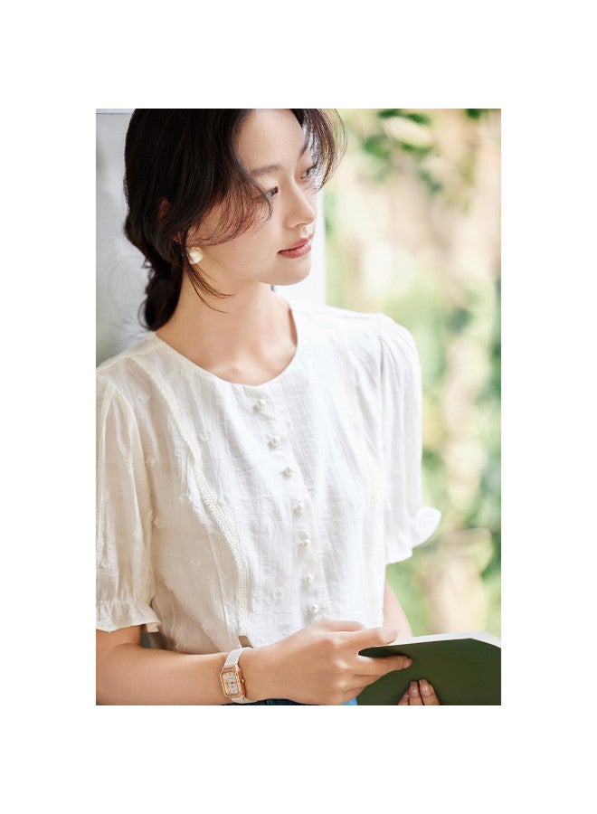 Tucano Summer Round Neck Short Sleeve Pleated Jacquard Solid Color Top For Women - Image 2