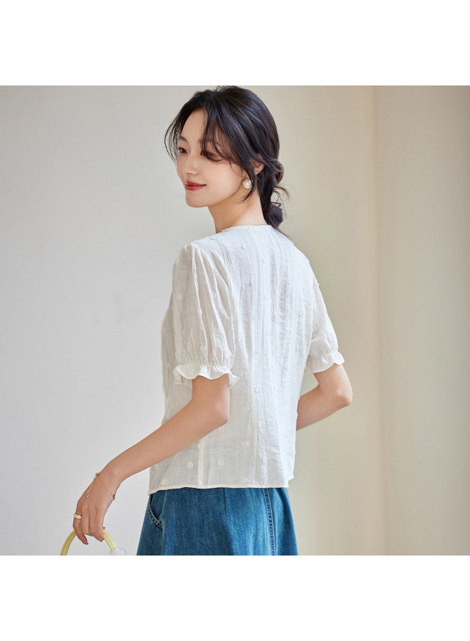 Tucano Summer Round Neck Short Sleeve Pleated Jacquard Solid Color Top For Women - Image 5