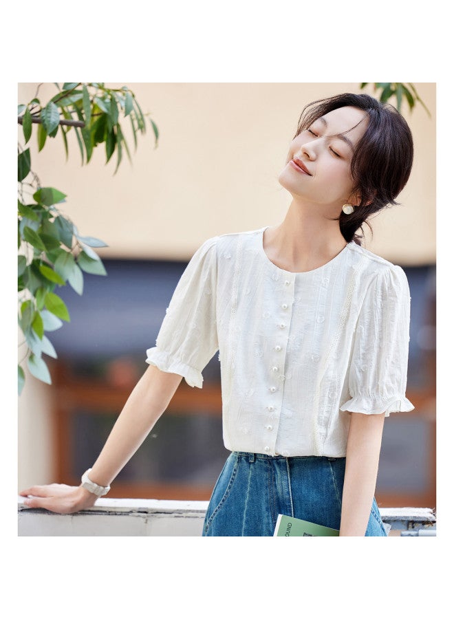 Tucano Summer Round Neck Short Sleeve Pleated Jacquard Solid Color Top For Women - Image 3