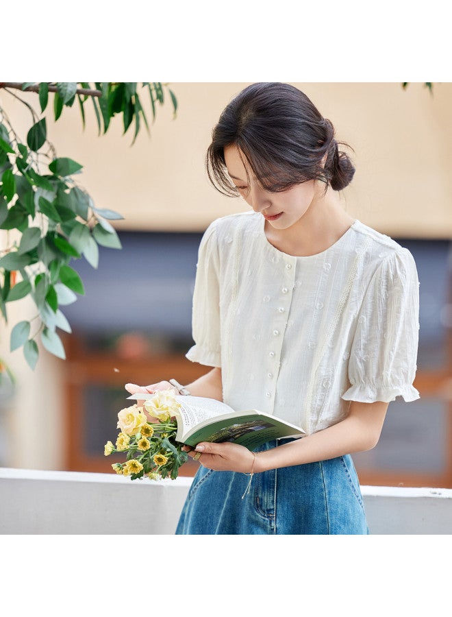 Tucano Summer Round Neck Short Sleeve Pleated Jacquard Solid Color Top For Women - Image 4