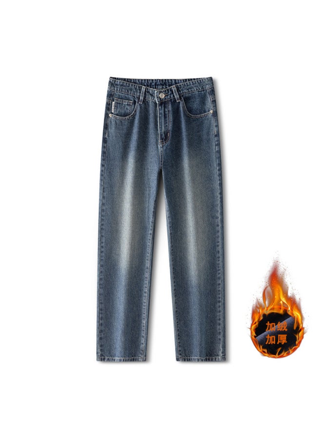 Men's Clothing Fleece-lined Thickened Label Jeans Men's Autumn And Winter New Loose Straight-leg Versatile Wide-leg Long Pants