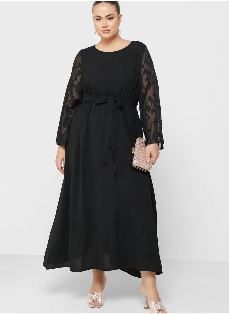 Ella Plus Mesh Sleeve Fit & Flare Dress
