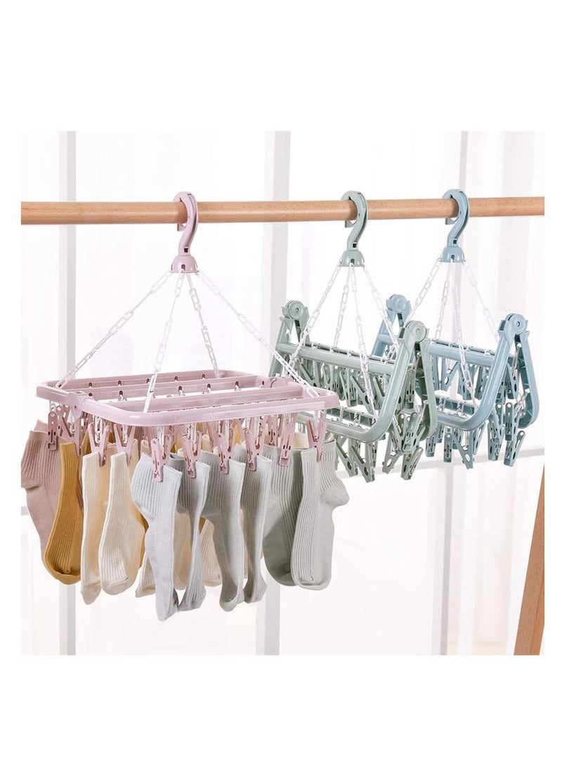 Hihonor Clothes Drying Rack, 2 Pack Windproof Folding Portable Laundry Hanger, Plast Sock Hanger with 32 Clips and 360° Rotatable Hook for Drying, Towels, Bras, Baby Clothes, Gloves (Light Blue) - Image 2
