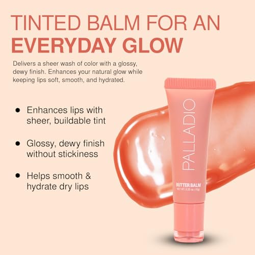 Palladio Butter Balm Hydrating Lip Balm with Sheer Tint Aloe Peptides Shea Butter and Vegan Formulation for Instant Moisture Shine and Soothing Lip Care Peaches Cream - Image 3