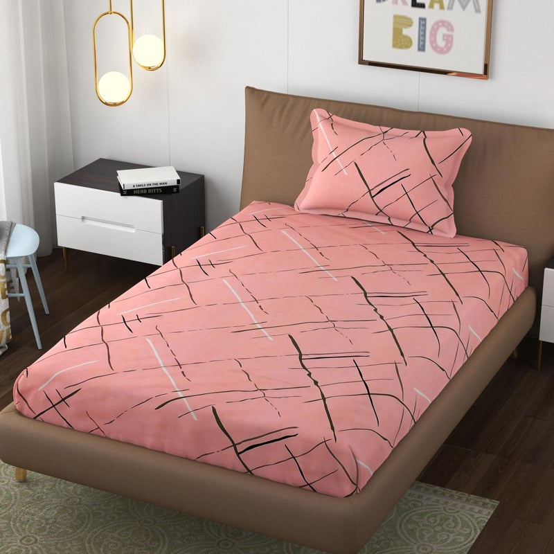 BLUSH & BLOOM Super Soft Cotton Feel All Round Elastic Fitted Single Bedsheet with 1 Pillow Cover-36 x 72 x 8 Inches, 92 cm x 182 cm x 20 cm-Pink - Image 1