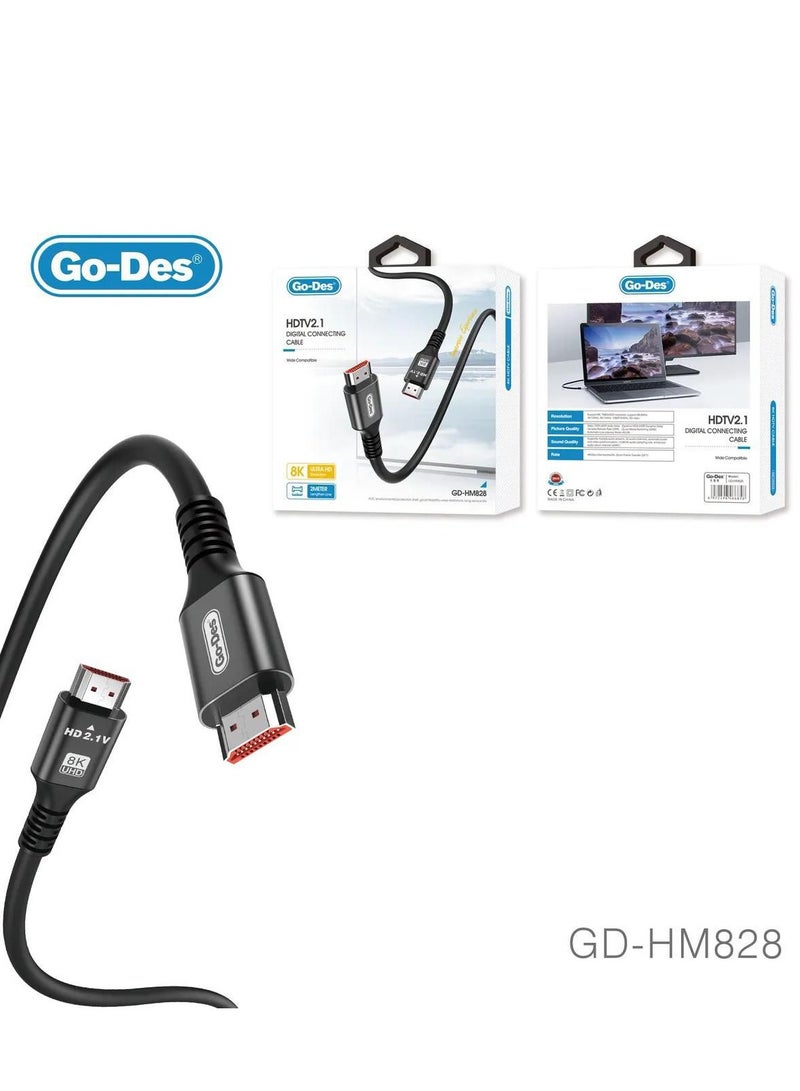 جو-ديز كابل HDMI لجهاز إرسال الصوت والفيديو عالي الوضوح Go Des Gd-hm828، بدقة فائقة 8K، 4320 بكسل، بطول 2 متر - Image 2