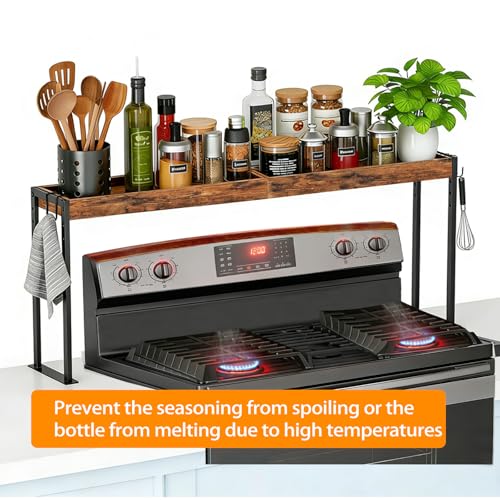 EffiJoy Spice Rack Shelf for Kitchen Stove, Over the Stove Shelf with 4 Level Adjustable Height, Over Stove Spice Rack with 4 Hooks, Rustic Brown + Black - Image 5