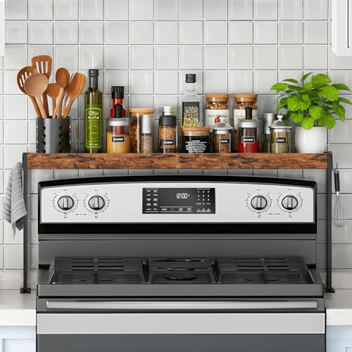 EffiJoy Spice Rack Shelf for Kitchen Stove, Over the Stove Shelf with 4 Level Adjustable Height, Over Stove Spice Rack with 4 Hooks, Rustic Brown + Black - Image 1