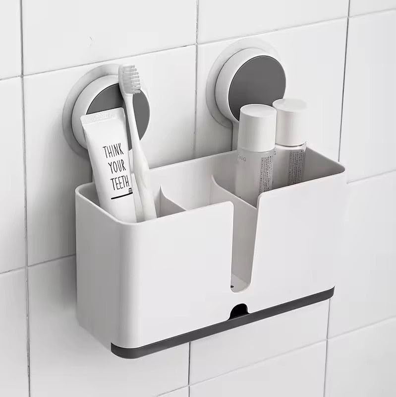 XBEY ABS Plastic Self Adhesive Magic Sticker Toothbrush Holder Wall Mounted for Bathroom with Drain Tray for Bathroom/Kitchen Spoon Holder/Toothbrush Holders for Bathroom (Pack of 1), White - Image 2
