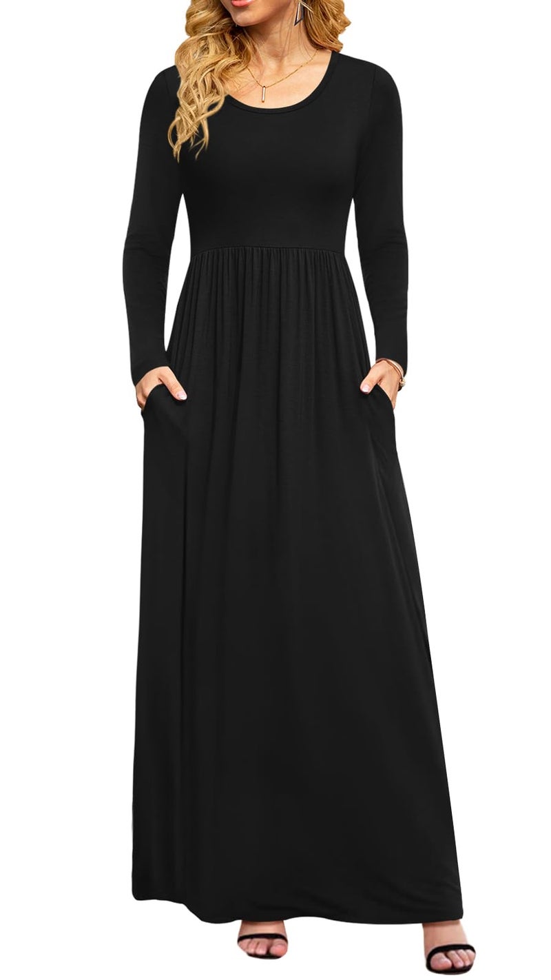 DB MOON Women Casual Long Sleeve Black Maxi Dresses Empire Waist Long Dress with Pocket M - Image 1