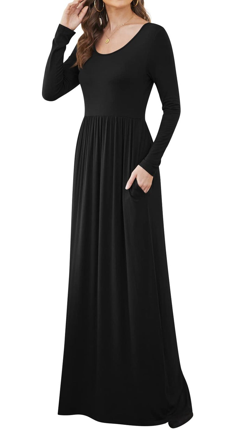 DB MOON Women Casual Long Sleeve Black Maxi Dresses Empire Waist Long Dress with Pocket M - Image 4
