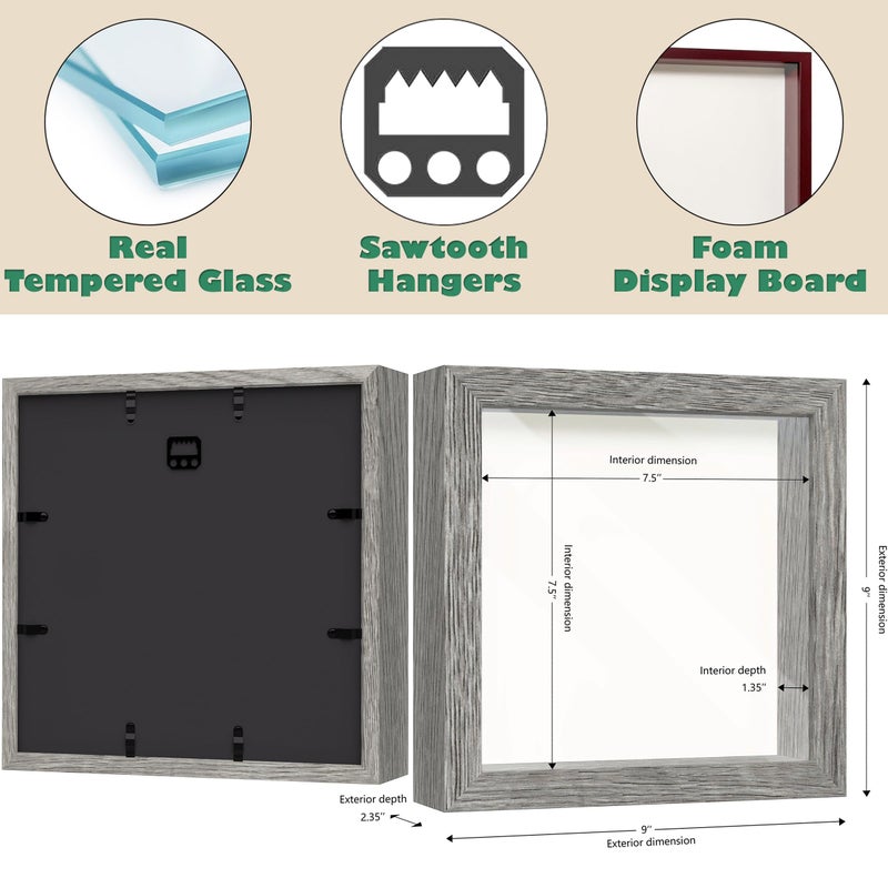 FrameWorks 8x8 Driftwood Wooden Shadow Box Frame - Soft Felt Back  Tempered Glass  and Included Elegant White Ball Push Pins - Image 3