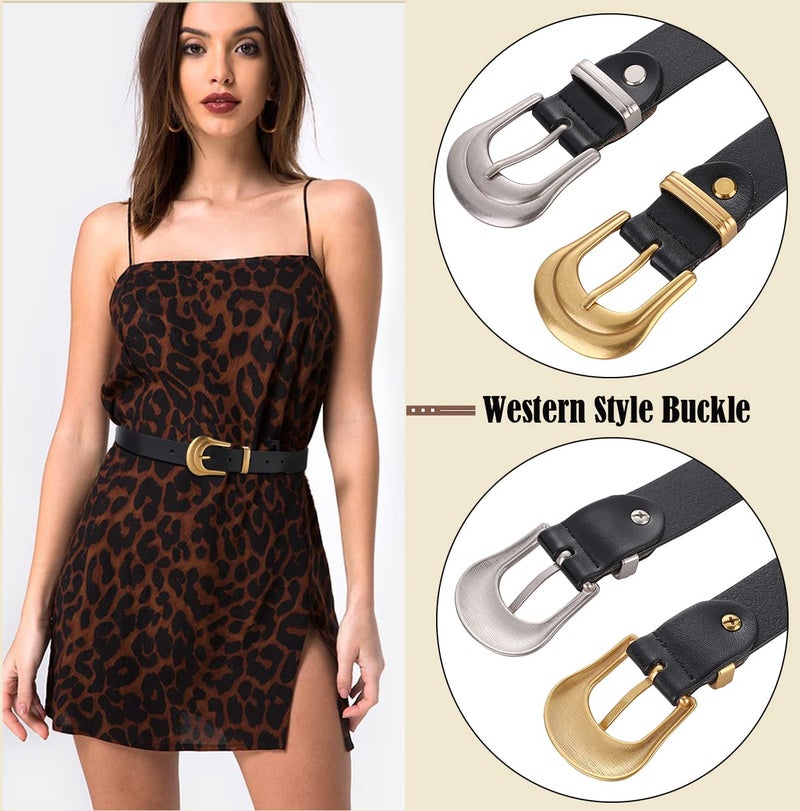 ALAIX Women's Belt Western Belts Silver Gold Buckle Black Leather Belt Pants Jeans Belts for Women - Image 3