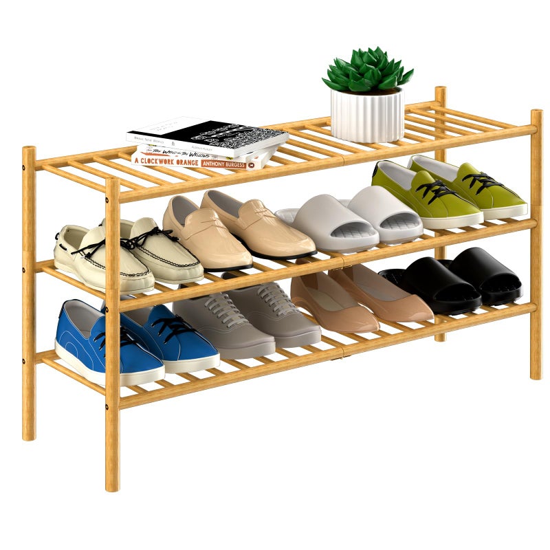 ROMGUAR CRAFT 3Tier Bamboo Long Shoe Rack Free Standing Wood Shoe Shelf Storage Organizer for Closet Entryway Stackable 35x11x20 Natural