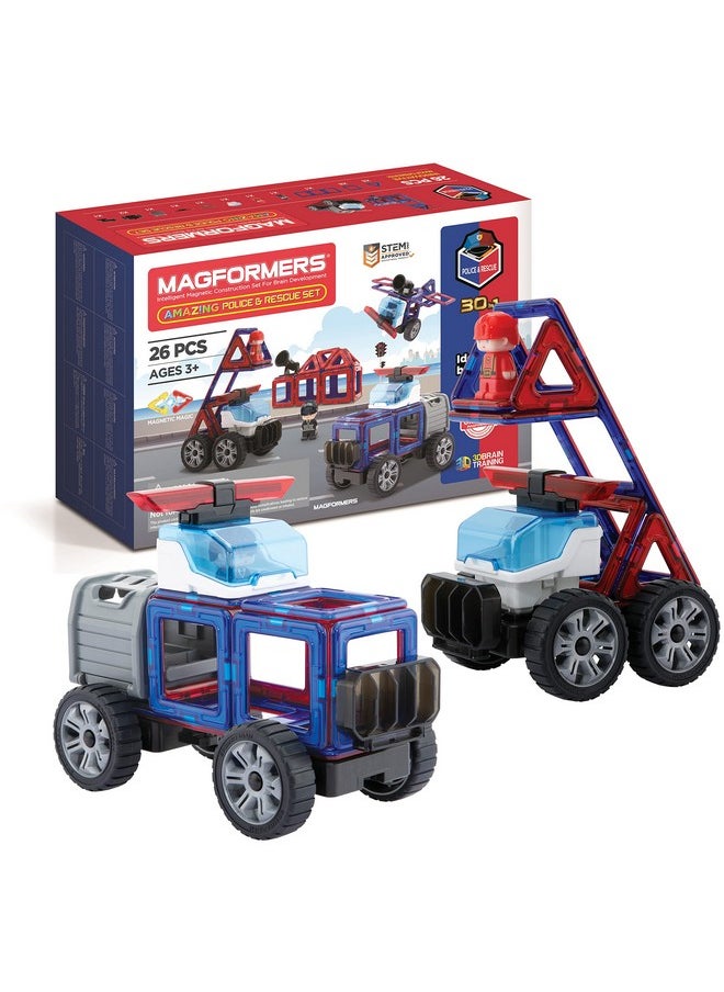 Magformers Magformers Amazing Police and Rescue 26Pc Set | Magnetic Tiles for STEM Development and Critical Thinking | Magnetic Blocks and Building Tiles to Develop Problem-Solving Ability and Shape Recognition  - Image 1