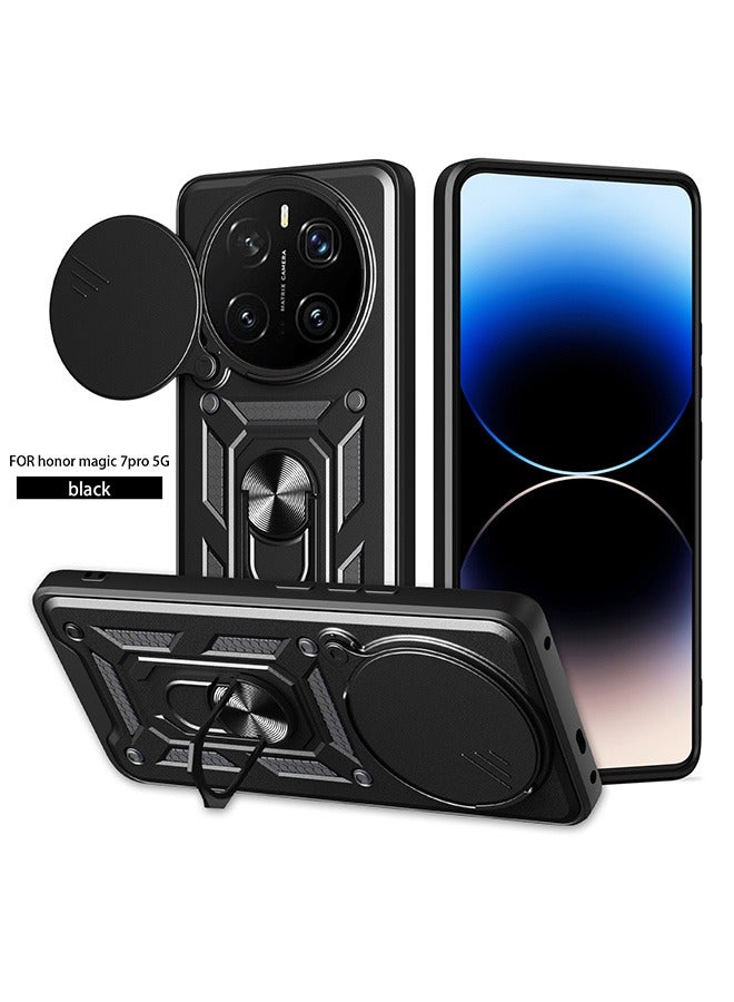 Compatible for Honor Magic 7 Pro 5G Case with Sliding Camera, Integrated 360 Degree Rotating Ring Kickstand, Shockproof Protective Cover, Anti-Fall Drop Protection, Shockproof Case, Black  - Image 1