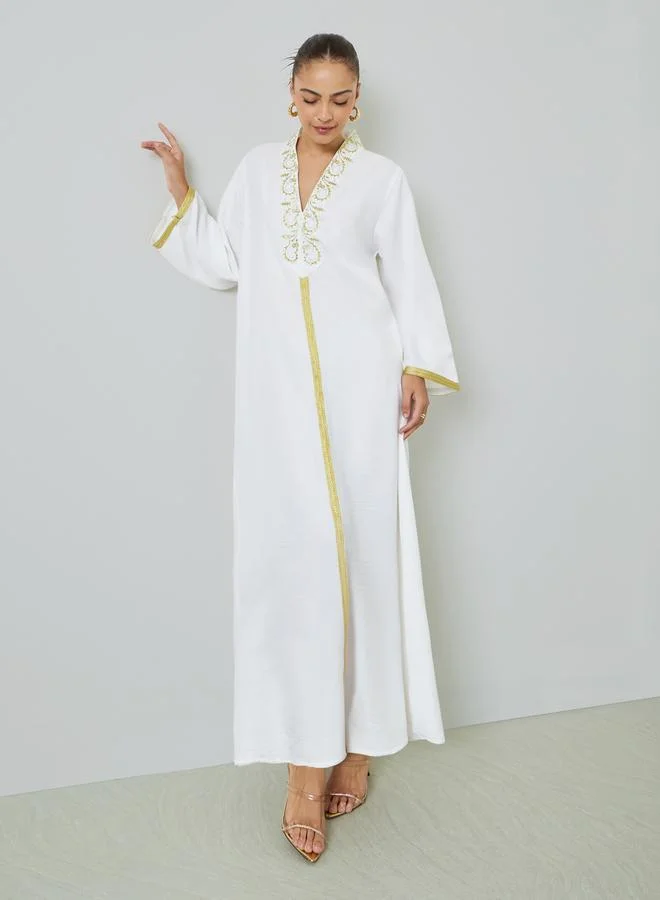 Elena By DStyle White Embroidery Detail Jalabiya Maxi Dress