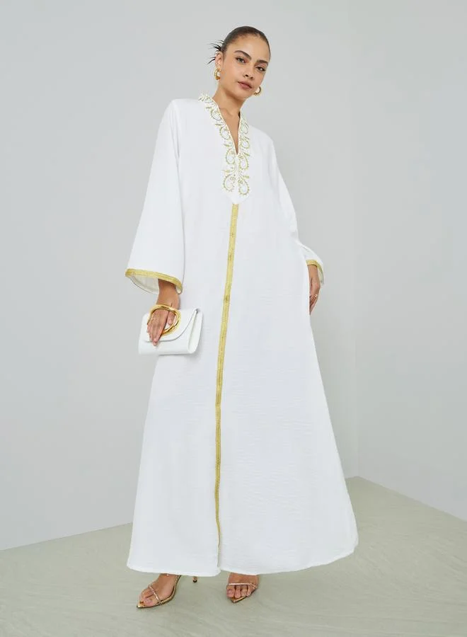 Elena By DStyle White Embroidery Detail Jalabiya Maxi Dress