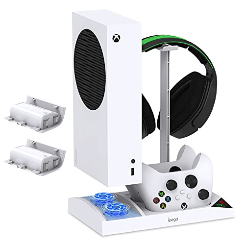 FYOUNG Upgraded Vertical Cooling Fan Stand for Xbox Series S, Cooler Fan System Dual Controller Charging Dock Station with 2 x 1400mAh Rechargeable Battery Pack, Headphone Bracket for Xbox Series S (White) - Image 1