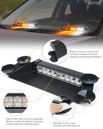 LUMENIX LED Emergency Dash Strobe Lights Aluminum, Front Windshield Visor Safety Warning Traffic Caution Deck Split Flashing Light for Construction Vehicles Work Trucks Pickup - White Amber - Image 3
