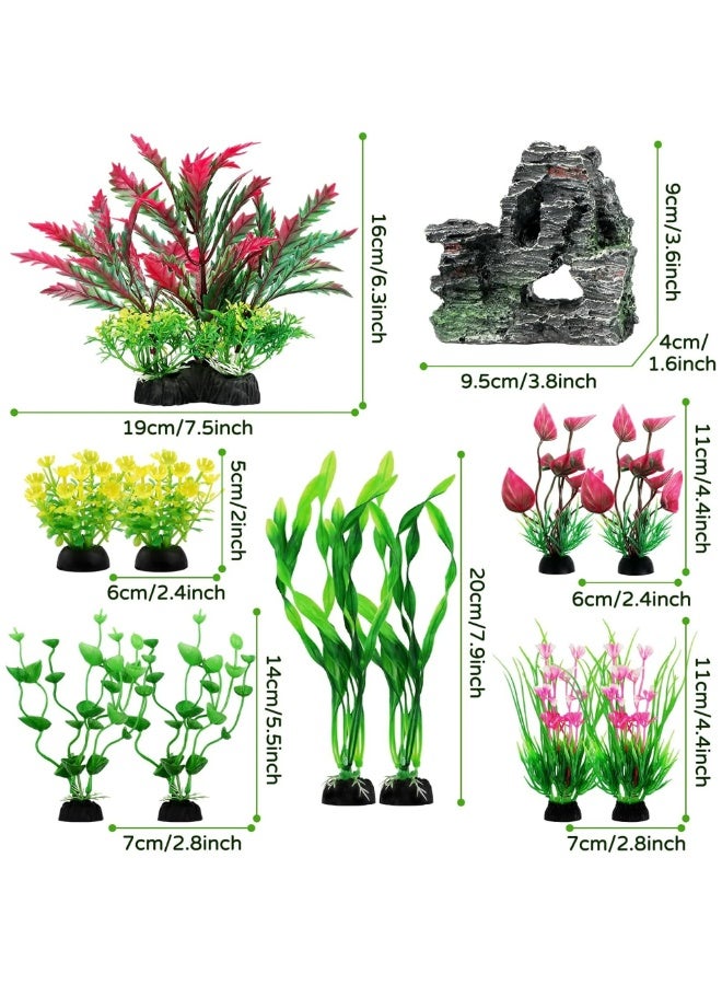 مجموعة نباتات زينة أحواض السمك، تتضمن 12 قطعة من النباتات الاصطناعية الملونة وصخور الكهوف لتزيين أحواض السمك. - Image 5