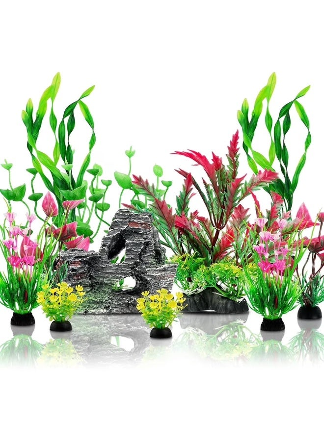 مجموعة نباتات زينة أحواض السمك، تتضمن 12 قطعة من النباتات الاصطناعية الملونة وصخور الكهوف لتزيين أحواض السمك. - Image 1