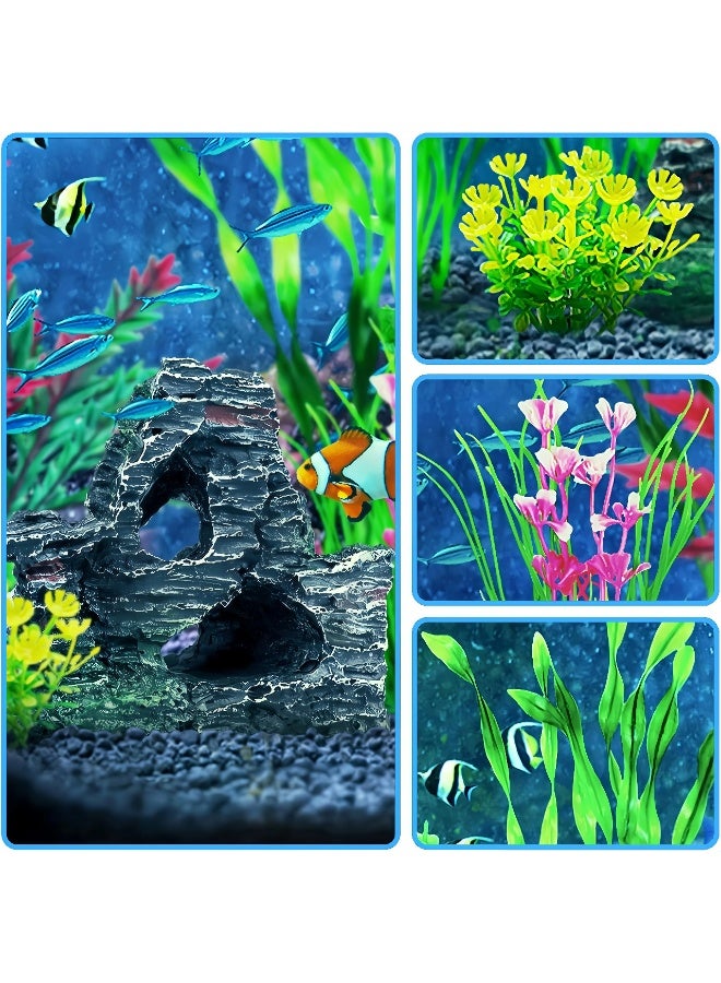 مجموعة نباتات زينة أحواض السمك، تتضمن 12 قطعة من النباتات الاصطناعية الملونة وصخور الكهوف لتزيين أحواض السمك. - Image 2