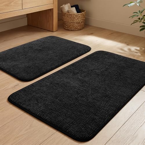 YIHOUSE Bathroom Rug Set 2 Piece Memory Foam Black Bath Mat Set NonSlip Quick Dry Bath Mats for Bathrooom Super Absorbent Washable Bath Rug for Bathroom Floor Sink Tub and Shower - Image 1