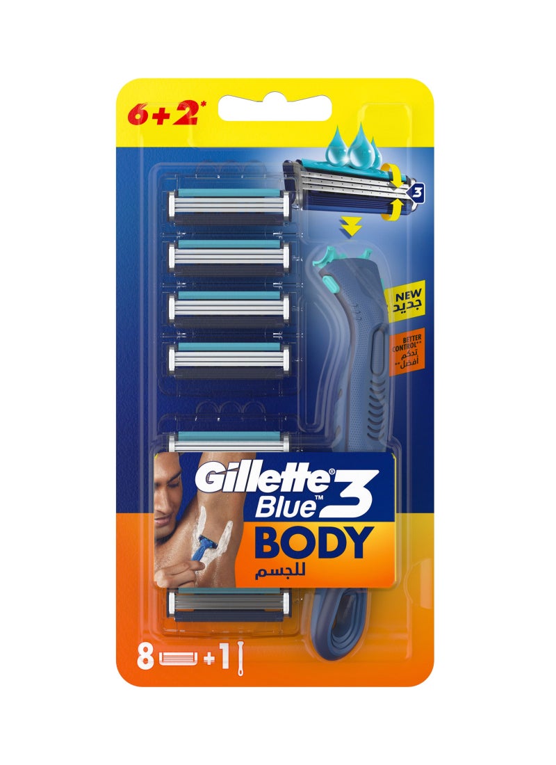Gillette شفرة الجسم الزرقاء 3: 1 مقبض + 8 شفرات بديلة - Image 1