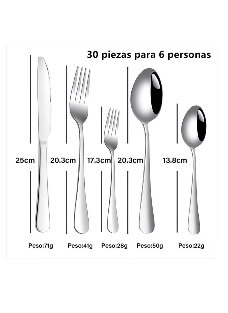Generic - A set of stainless steel tableware that can accommodate 6 people, consisting of 30 pieces - including knives, forks, spoons, and spoons - with an elegant, durable, and easy to clean design, perfect for any special occasion or daily use. This high-quality stainless steel tableware set is designed to turn every meal into a unique experience. This set consists of 30 carefully designed pieces that can meet the needs of up to 6 people, including knives, forks, spoons, and spoons, all of which are necessary to enjoy a complete and delicious meal. The elegant design of these tableware complements any table, while their sturdy structure ensures that they remain in perfect condition for a period of time. In addition, they are easy to clean and suitable for dishwashers, making them a practical and complex choice for daily use and special occasions. Very suitable for family dinner, elegant dinner - Image 1