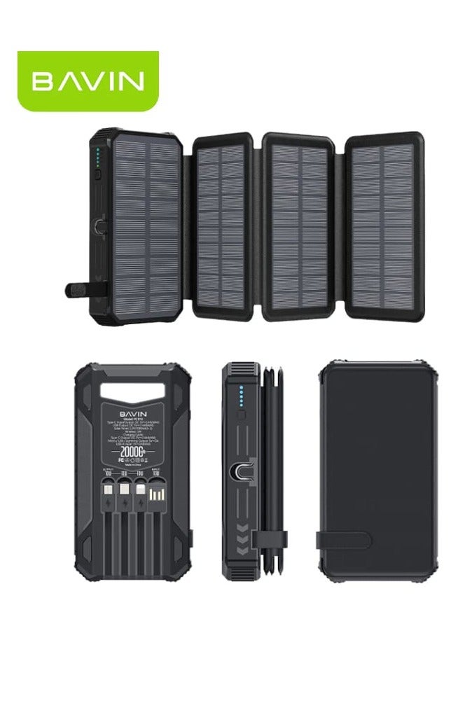 Bavin 20000mAh Solar Power Bank with 4 Foldable Solar Panels Built-in LED Light and 4 Built-in Charging Cables and 7 Output Ports Waterproof Suitable for Travel and Camping - Image 1