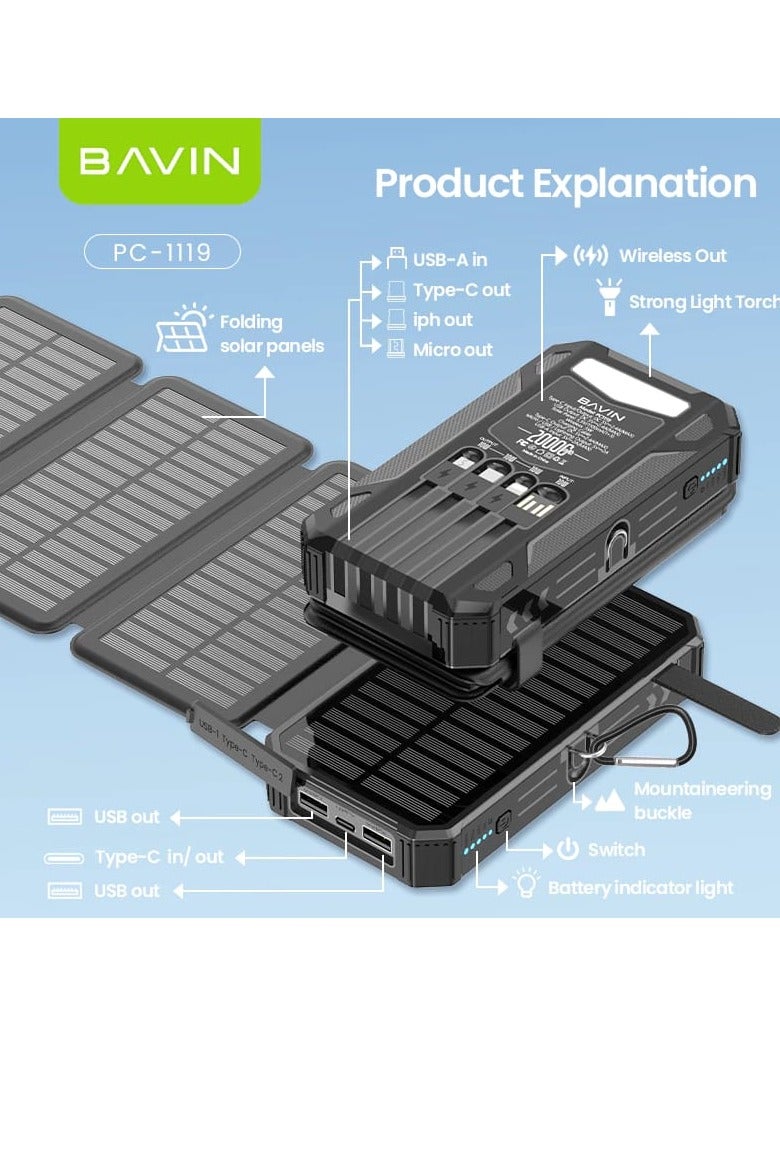 Bavin 20000mAh Solar Power Bank with 4 Foldable Solar Panels Built-in LED Light and 4 Built-in Charging Cables and 7 Output Ports Waterproof Suitable for Travel and Camping - Image 2