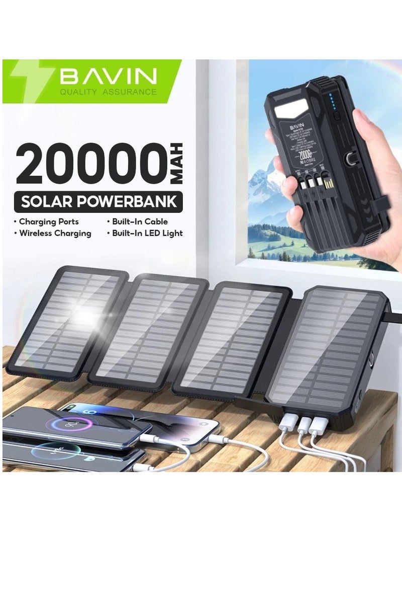 Bavin 20000mAh Solar Power Bank with 4 Foldable Solar Panels Built-in LED Light and 4 Built-in Charging Cables and 7 Output Ports Waterproof Suitable for Travel and Camping - Image 3